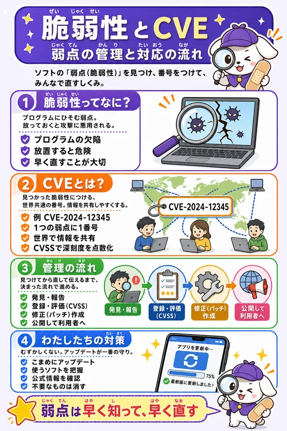 Learning poster explaining vulnerabilities and CVE management (in Japanese)