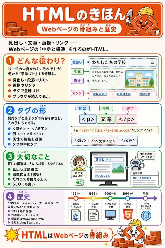 Learning poster explaining the role and history of HTML (in Japanese)