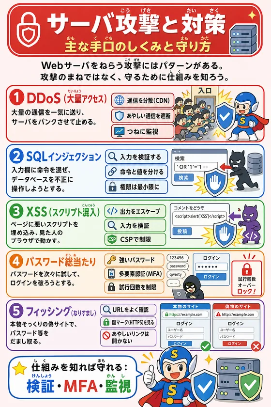 サーバ攻撃と対策を小中学生向けに説明した学習ポスター